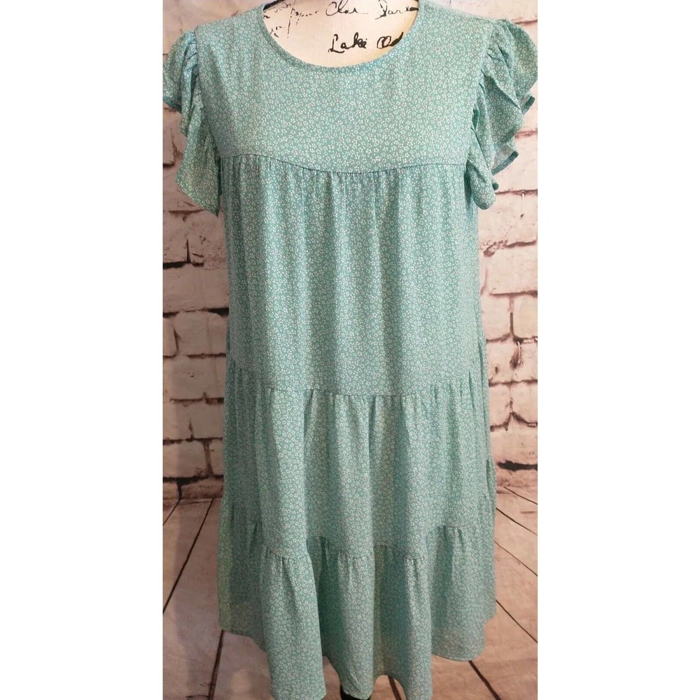 Prairie Cottage Core Floral ruffle flutter sleeve tiered shift dress size Medium